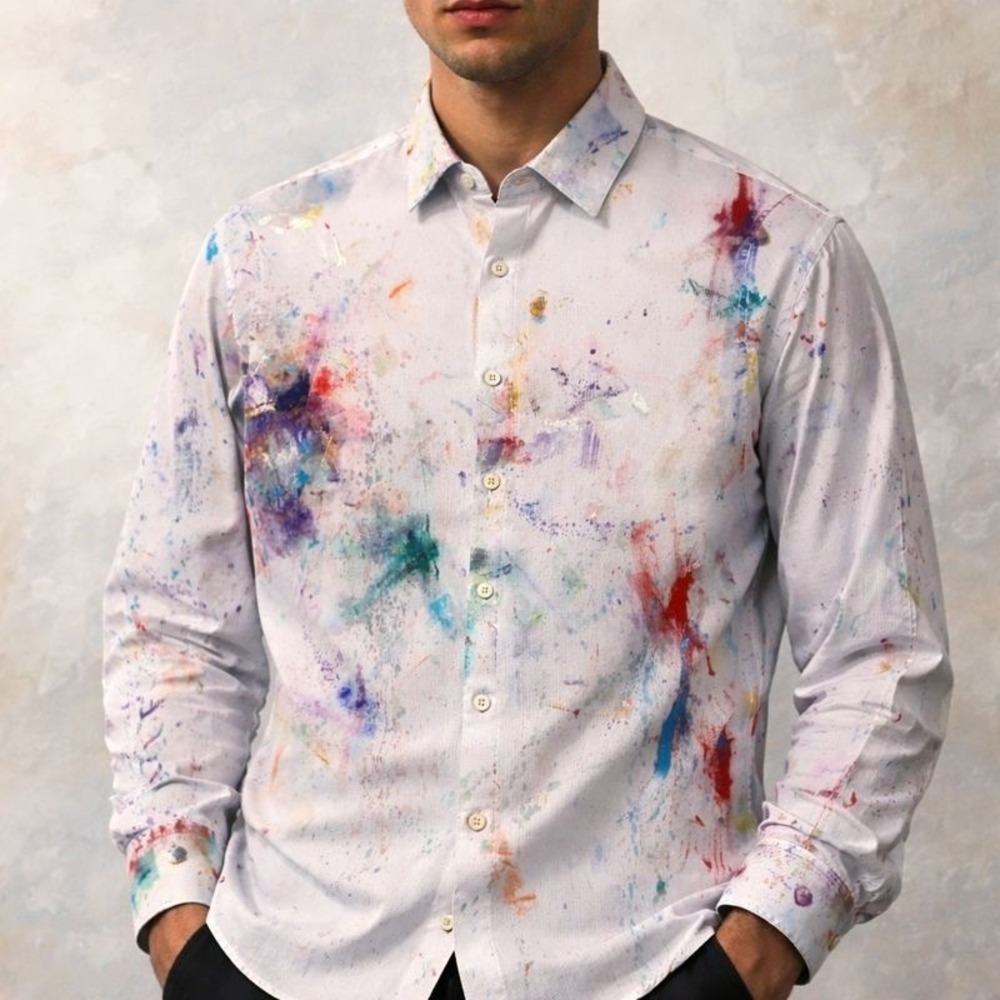 Lululemon Airing Easy‎ Long-Sleeve Shirt Mens S Upcycled PAINT SPLATTER THRASHED